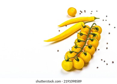 Yellow Tomatoes Cherry And Chili Pepper Isolated On White Background. Traditional Ingredient For Cooking Healthy Food, Mockup, Template, Copy Space