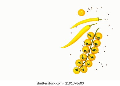 Yellow Tomatoes Cherry And Chili Pepper Isolated On White Background. Traditional Ingredient For Cooking Healthy Food, Mockup, Template, Top View