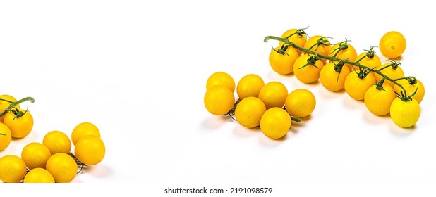 Yellow Tomatoes Cherry Isolated On White Background. Traditional Ingredient For Cooking Healthy Food, Mockup, Template, Banner Format