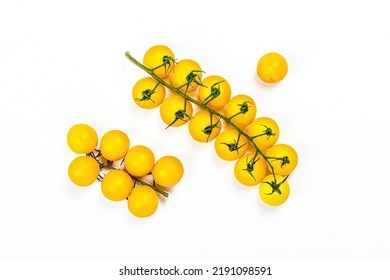 Yellow Tomatoes Cherry Isolated On White Background. Traditional Ingredient For Cooking Healthy Food, Mockup, Template, Top View