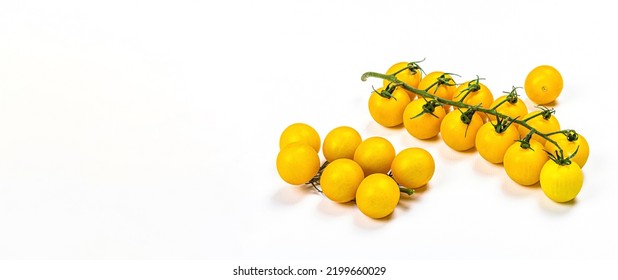 Yellow Tomatoes Cherry Isolated On White Background. Traditional Ingredient For Cooking Healthy Food, Mockup, Template, Banner Format