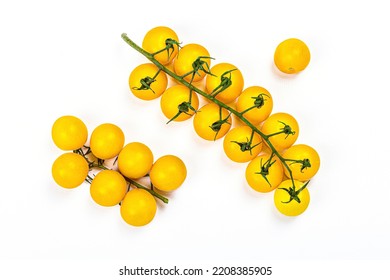 Yellow Tomatoes Cherry Isolated On White Background. Traditional Ingredient For Cooking Healthy Food, Mockup, Template, Top View