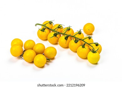 Yellow Tomatoes Cherry Isolated On White Background. Traditional Ingredient For Cooking Healthy Food, Mockup, Template, Flat Lay