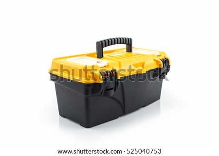 Yellow tool box, Plastic tool box on white background.