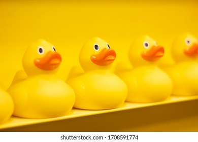 Yellow Toy Ducks In A Row. On A Yellow Background.