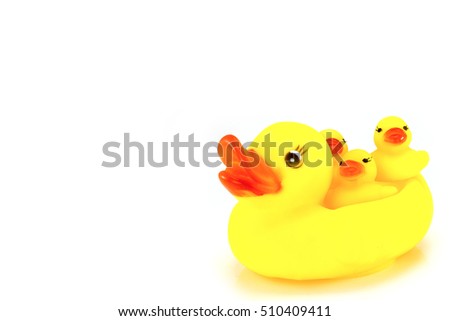 Yellow toy rubber duck mouth, red - Stuffed duck white backgroun