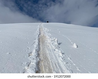 Yellow Tracks Of The Sand Blown Up From Sahara Desert On The Snow In Mountains, Alps, Aosta Valley, Italy.