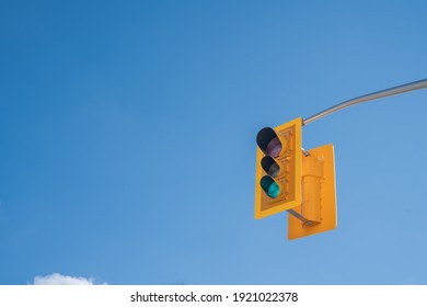 Yellow Traffic Light On A Sunny On A Suuny Day In Toronto Ontario Canada