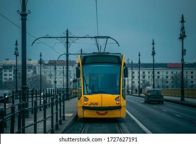 Yellow Tram With Smile. An Important Tram Line In The Public Transport Network Of Budapest.