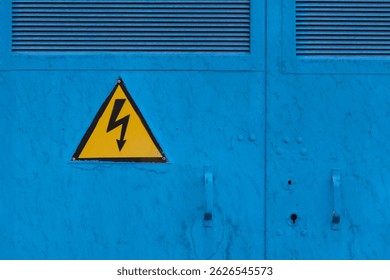 Señal De Peligro Triangular Amarillo De Alto Voltaje Con Un Símbolo De Perno De Relámpago Negro, Montado En Una Puerta De Metal Pintado De Azul Con Ventilaciones. Concepto de seguridad eléctrica.