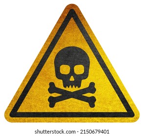 Yellow triangular sign. Grungy style danger sign with skull and cross bones on white background. Rusty. Warning. Caution. Hazard. Danger. Worn out.  - Shutterstock ID 2150679401