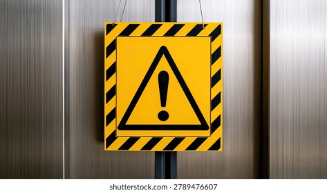A yellow triangular warning sign with a black border and an exclamation mark inside, mounted on a brushed metal surface.
