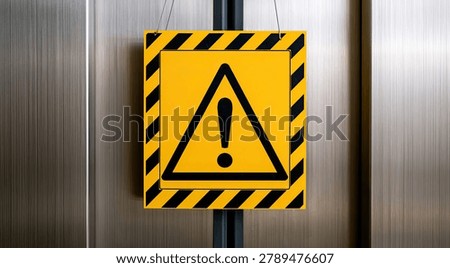 A yellow triangular warning sign with a black border and an exclamation mark inside, mounted on a brushed metal surface.