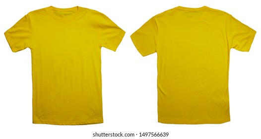 Yellow T-shirt Mock Up, Front And Back View, Isolated. Plain Yellow Shirt Mockup. Tshirt Design Template. Blank Tee For Print