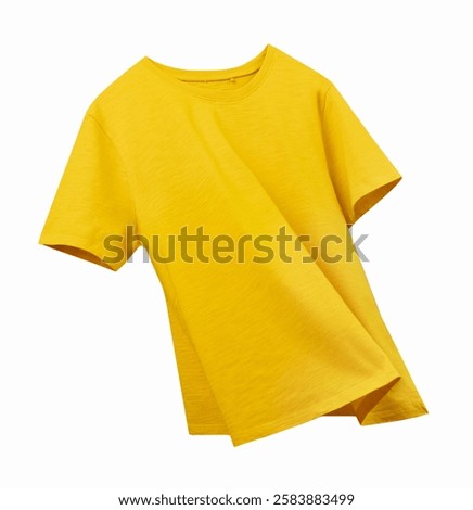 Yellow t-shirt single object isolated on white, tshirt flying.Nobody.Summer fashion.Cotton shirt.