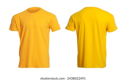 Yellow t-shirt with space for design isolated on white. Back and front views - Powered by Shutterstock