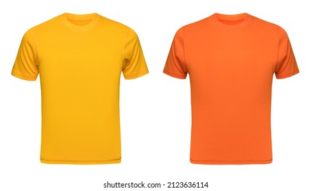 Yellow T-shirt Template Men Isolated On White. Orange Tee Shirt Blank As Design Mockup. Front View