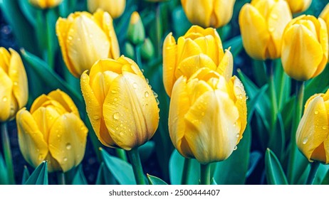 Yellow tulips glisten with water droplets, showcasing their vibrant color in a garden after a refreshing rain - Powered by Shutterstock