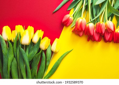 yellow tulips on a red background on the left side, and red on a yellow background on the right side