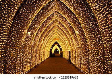 Yellow  tunel line Lighting illumination and decoration items bokeh for Christmas and New Year Celebration in Oslo