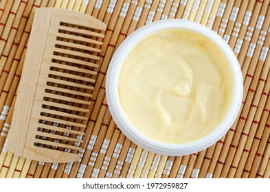 Yellow Vanilla Face Mask (banana Cream, Shea Butter Facial Mask, Body Butter) In The Small White Jar. Natural Skin And Hair Care Concept. Top View, Copy Space.