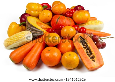 Yellow vegetable and fruit isolated white background