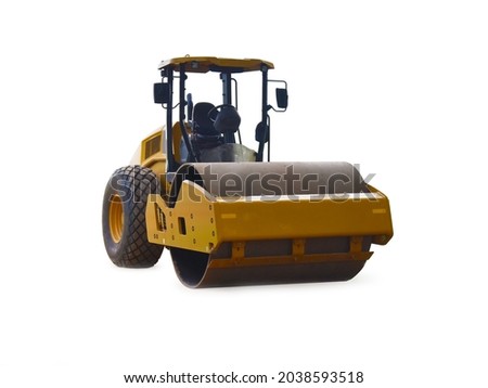 yellow vibratory roller compactor isolated on white background.