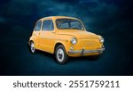 yellow vintage car on dark cloudy background