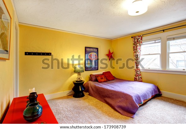 Yellow Wall Bedroom Bright Red Cabinet Stock Photo Edit Now
