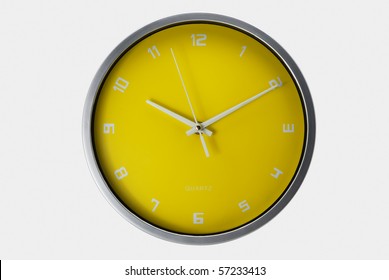 Yellow Wall Clock Isolated With Clipping Path