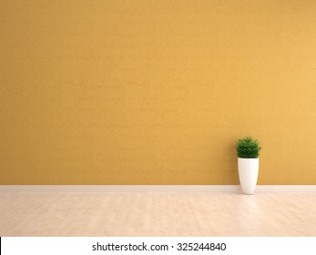 Yellow Wall Interior With Plant Vase On Wood Floor