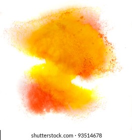 Yellow Watercolor Splash Stain Orange Macro Color Spot Blotch Watercolour Texture Isolated On A White Background