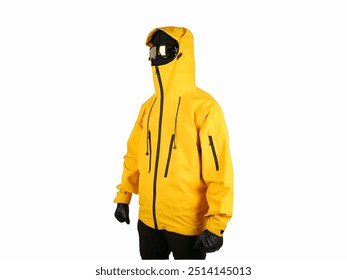 Yellow Waterproof Jacket Model, showcasing a full-zip design, adjustable hood, multiple zippered pockets, and a fitted silhouette, ideal for outdoor activities in wet conditions. - Powered by Shutterstock