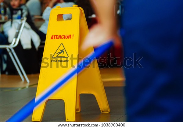 Yellow Wet Floor Sign Writing Caution Stock Photo Edit Now