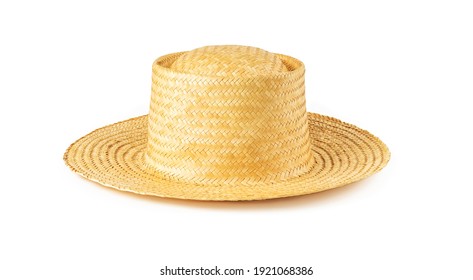 Yellow wide brim straw hat isolated on white background. Summer female vintage classic headwear. Stylish modern eco-friendly accessory for beach, vacation and travel. Front view. 