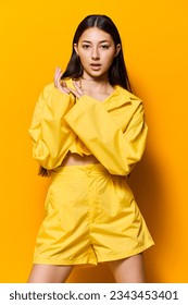 yellow woman studio model attractive beautiful young fashion lifestyle girl trendy