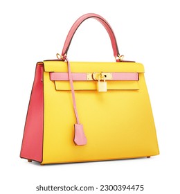 Yellow Women's Classic Leather Bag Isolated. Side Front View Luxury Lady Shopping Hand Bag with Lock Closure and Pink Two Top Handles. Woman Shopper Tote Bag Padlock. Handbag Purse Fashion Accessories