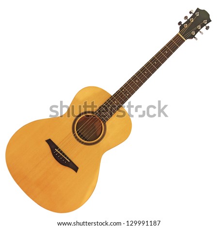 Yellow wooden acoustic guitar isolated on white background