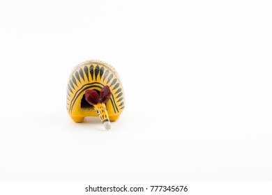 Yellow Wooden Armadillo Toy With Black Sign And Bobble Head On White Background Front View