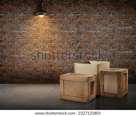 yellow wooden crate The interior of the room brick wall, lamp illuminated