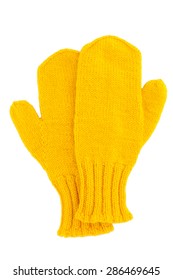 Yellow Wool Mittens On White Isolated