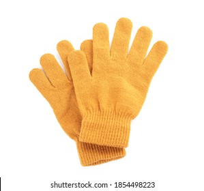 Yellow Woolen Gloves On White Background, Flat Lay. Winter Clothes