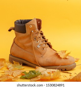 Yellow worn boot stands on dry autumn leaves - Shutterstock ID 1530824891