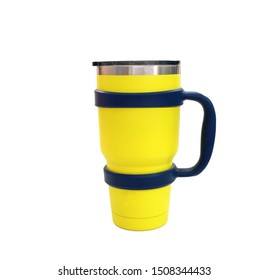 Yellow Yeti Cup With Blue Holder Isolated On White Background.