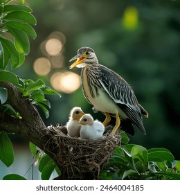 A Yellow-crowned Night Heron in its nest, perched alongside two yellow-crowned chicks. The scene is set against a beautifully blurred natural background, highlighting the birds' vibrant plumage. - Powered by Shutterstock