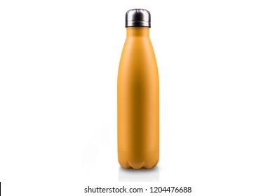 Yellow-matte, Empty Stainless Thermo Water Bottle Close-up Isolated On White Background. Studio Photography