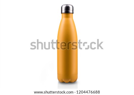 Yellow-matte, empty stainless thermo water bottle close-up isolated on white background. Studio photography