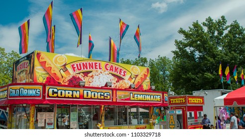 YELLOWSPRINGS, OHIO - MAY 26: Memorial Day Carnival At Young's Jersey Dairy Farms With Food Truck Selling Corn Dogs And Fair Food On May 26, 2018 In Yellowsprings, Ohio.