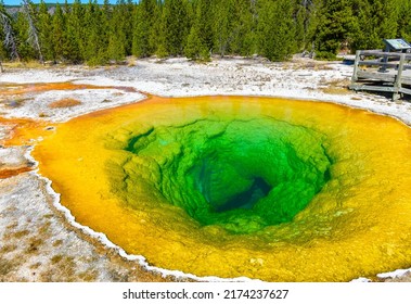 Yellowstone Landmark And Icon Morning Glory Pool With Part Of Boardwalk Around The Spring 