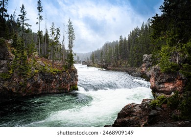 Yellowstone National Park, River, Trees, Rocks and Blue Skies - Powered by Shutterstock